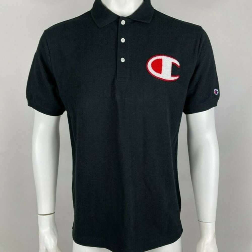 Champion Polo Shirt Short Sleeve Logo Spell out Cotton Collared Black Mens Mediu